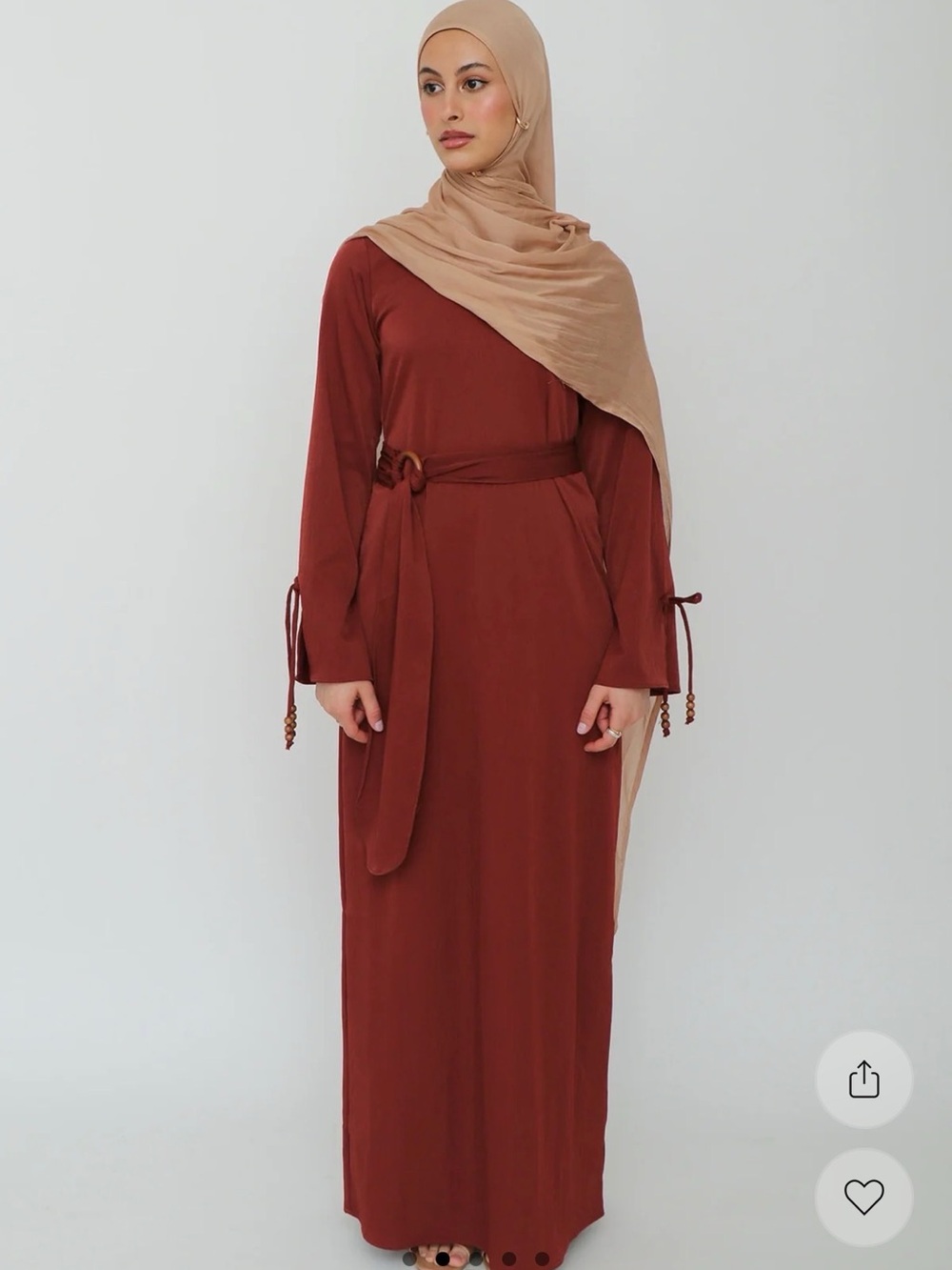 Lameera moda Modest Long-Sleeve Maxi Dress in Rust with Belt
